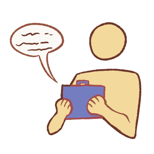 a featureless emoji yellow person holding a blue tablet, with a speech bubble containing scribbles coming from the tablet.